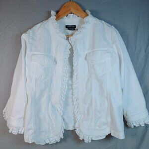 Cynthia Max White Ruffle Trim Denim Jacket Womens Medium 3/4 Sleeve